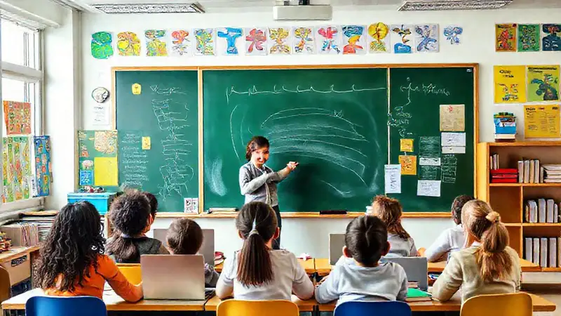 Profesor en aula moderna con estudiantes diversos