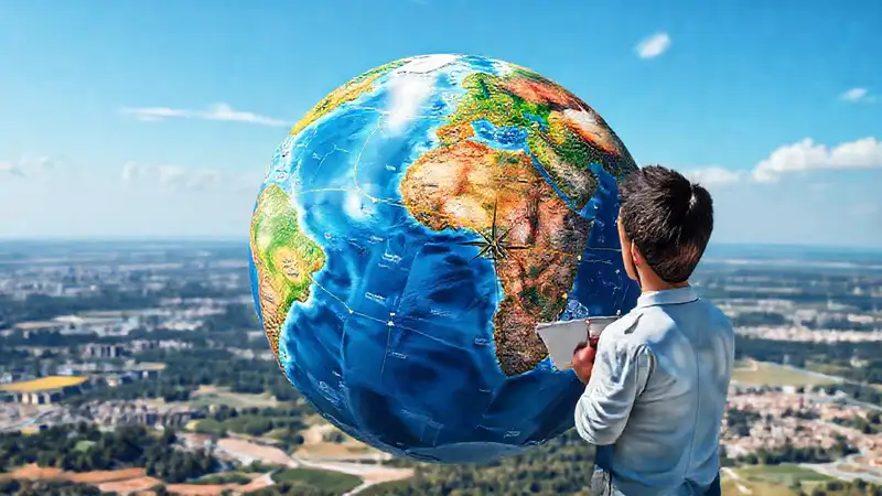 Mundo interconectado con mapas y paisajes diversos