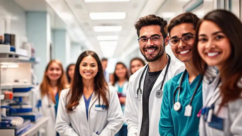 Estudiantes de medicina en pasillo hospitalario moderno