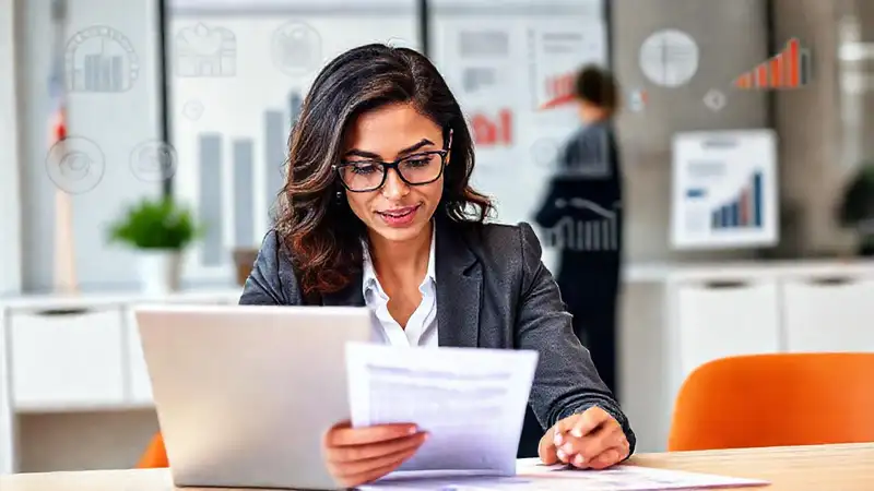 Mujer profesional revisa su currículum confiada