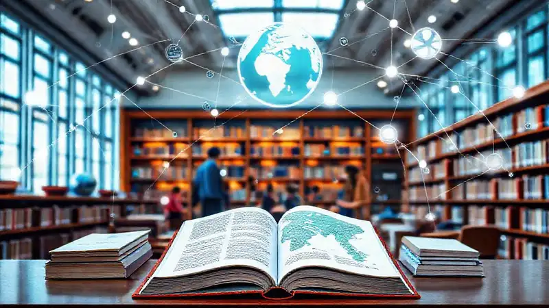 Biblioteca universitaria con mapas y estudiantes colaborando