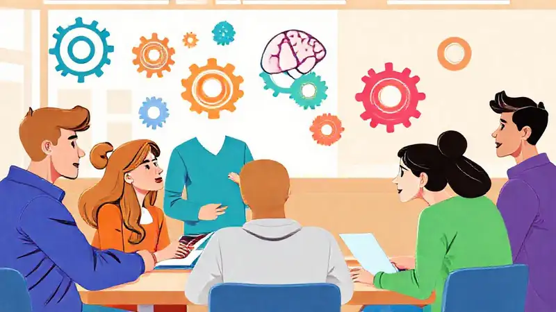 Estudiantes discuten en aula moderna y vibrante