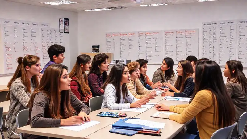 Estudiantes practicando pronunciación en aula moderna