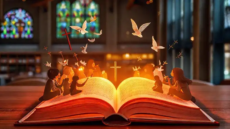Libro abierto iluminado con gente diversa