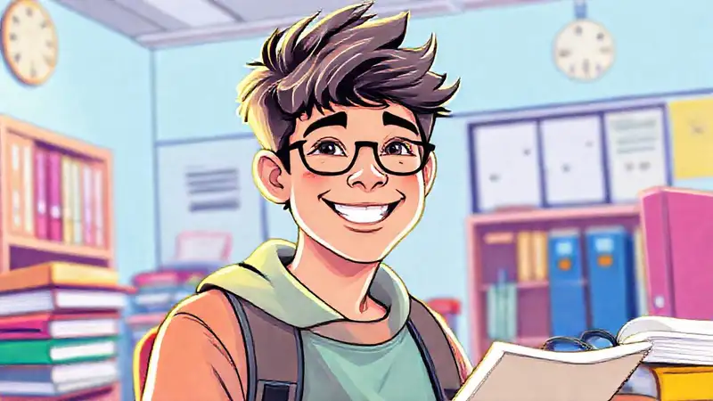 Adolescente sonriente en aula vibrante y positiva
