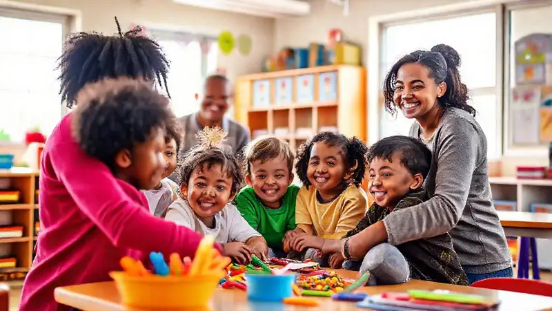 Estudiantes y docentes colaboran en aula colorida