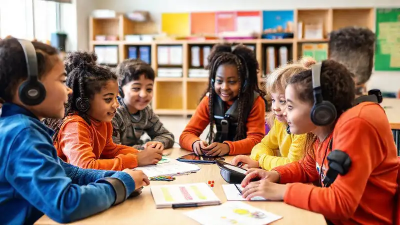 Aula inclusiva con tecnología adaptativa moderna