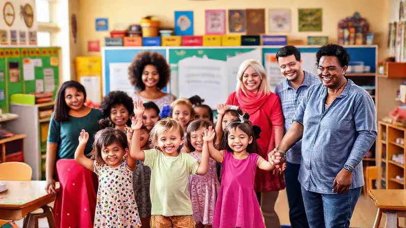 Grupo diverso de personas en aula alegre