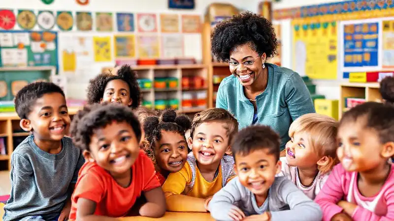 Niños diversos en aula alegre e inclusiva