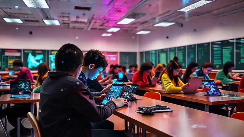 Aula moderna con estudiantes y tecnología futurista