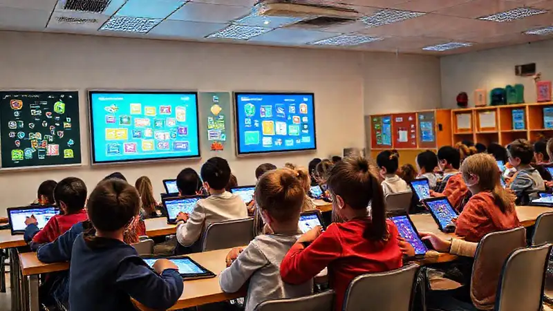 Aula moderna con tecnología y estudiantes interactuando