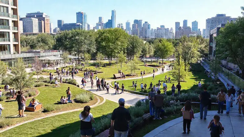 Parque urbano moderno con gente diversa y área social