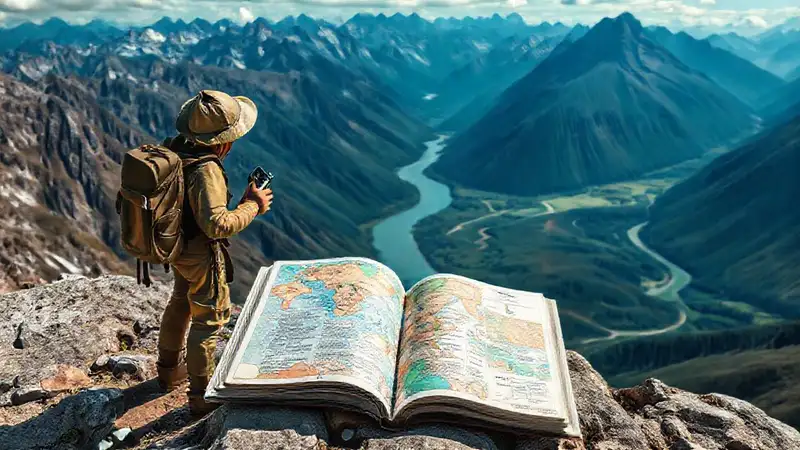 Explorador en paisaje con mapas y notas