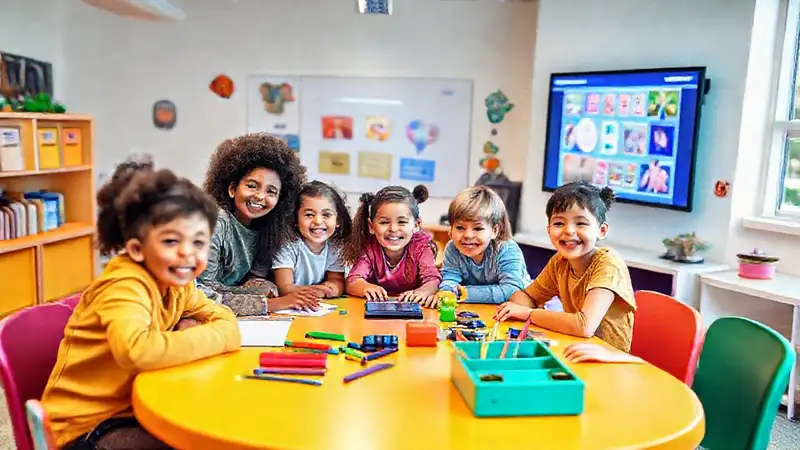 Estudiantes colaboran en aula moderna e inclusiva