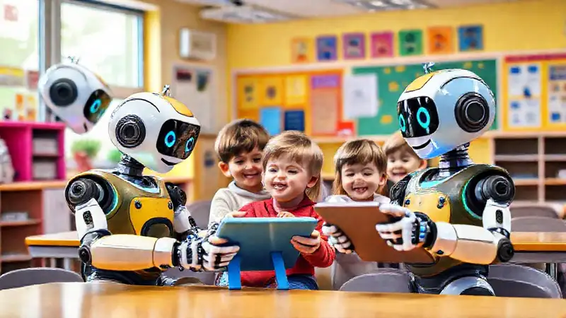 Aula moderna con robots y tecnología educativa