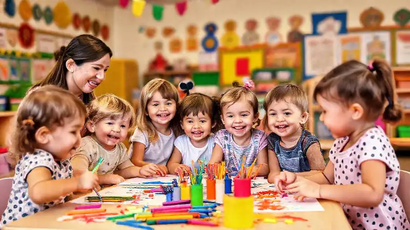 Niños creativos en aula alegre y colorida