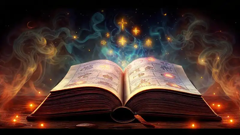 Símbolos antiguos en libros con fondo místico