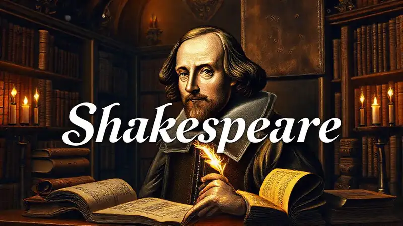 Retrato de Shakespeare en biblioteca renacentista elegante