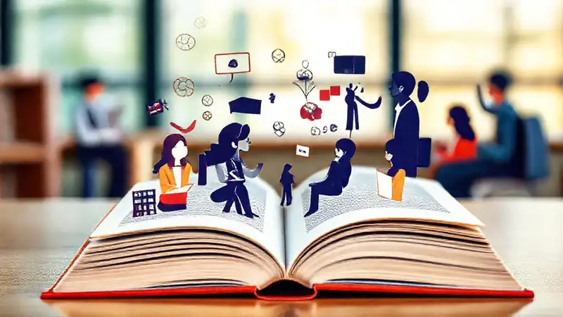 Libro abierto con íconos sociales y debate