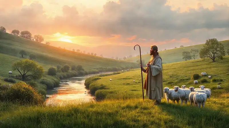 Pastor en pradera tranquila con luz cálida