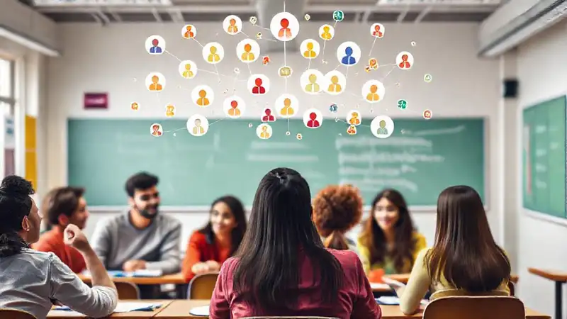 Estudiantes discuten en aula con íconos sociales