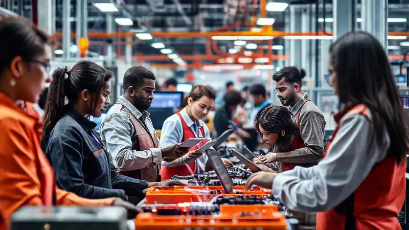 Trabajadores urbanos en fábrica moderna y diversa