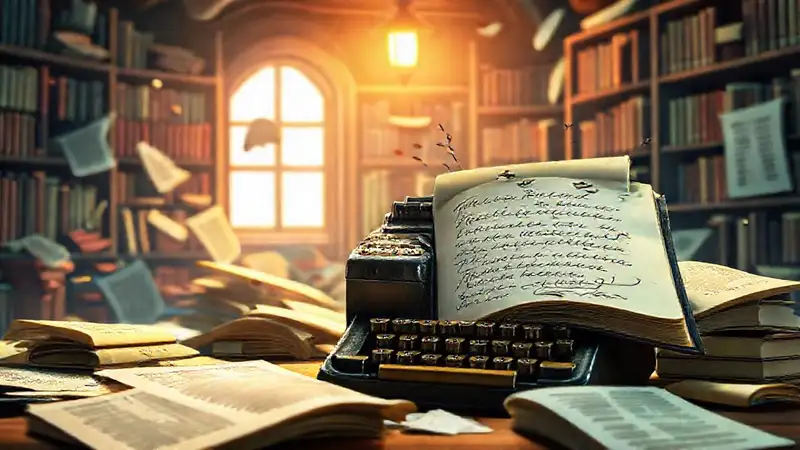 Escena artística de biblioteca con libro y tinta