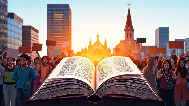 Libro abierto con gente protestando pacíficamente