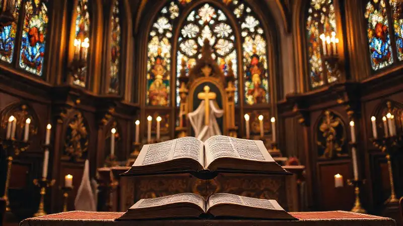 Escenario religioso con símbolos y luz sagrada