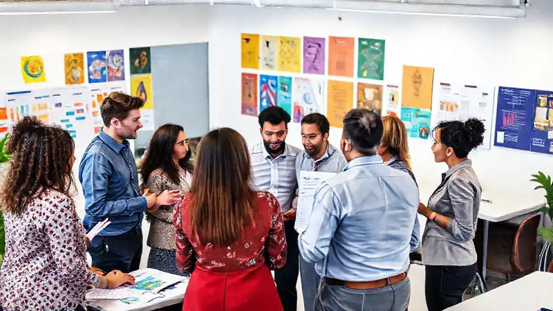 Equipo diverso discutiendo en oficina moderna
