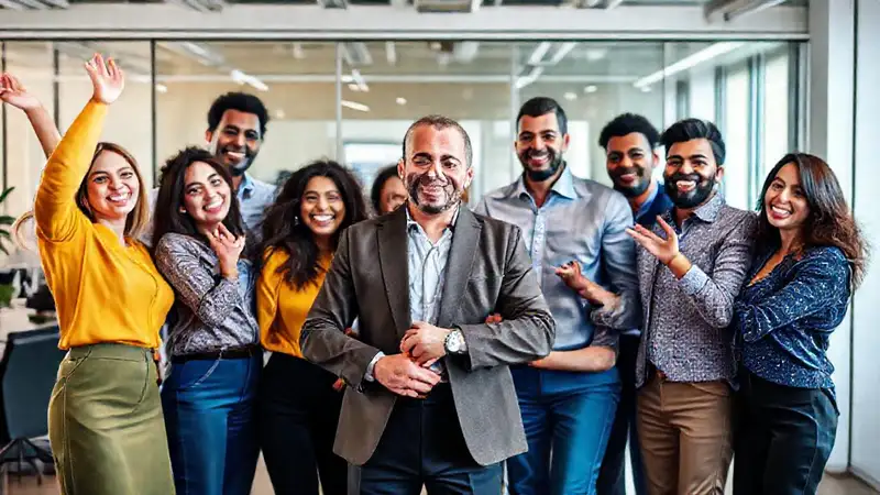 Equipo diverso y motivado con líder confiado