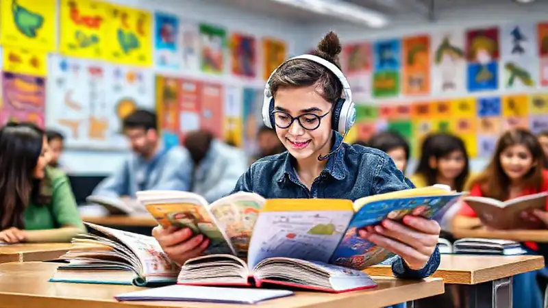 Estudiante aprende en aula multilingüe vibrante