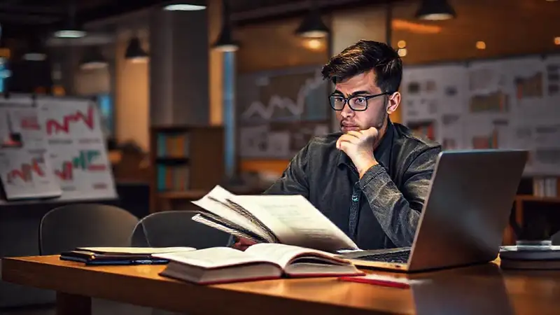 Estudiante estudia economía con enfoque y curiosidad