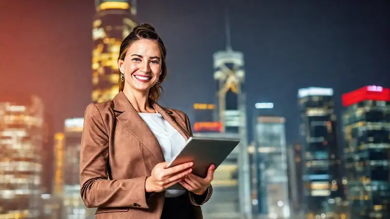 Mujer profesional segura con ciudad moderna