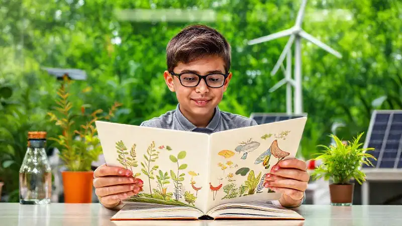 Estudiante estudia ciencias ambientales con recursos y energías