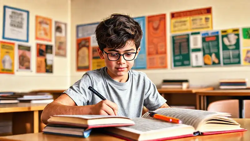 Estudiante estudia con libros en aula brillante
