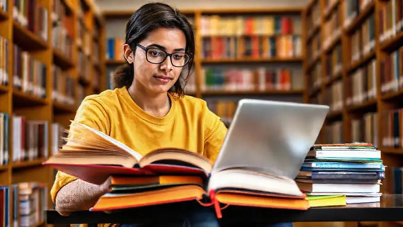 Estudiante estudia con libros y laptop