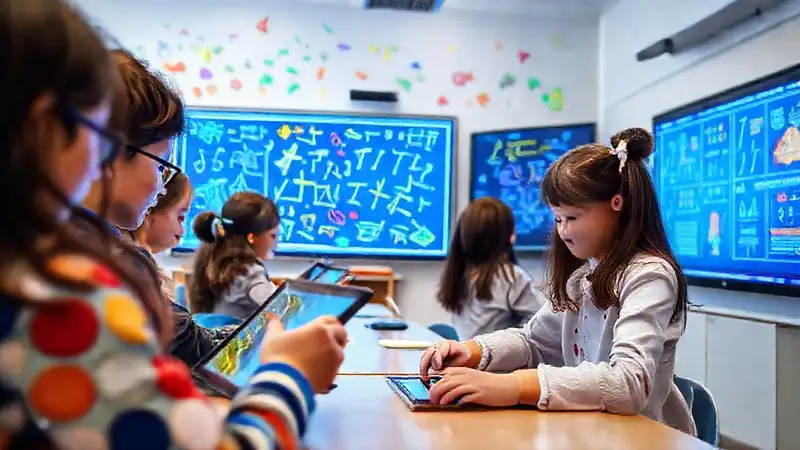 Estudiantes aprenden con tecnología y símbolos coloridos
