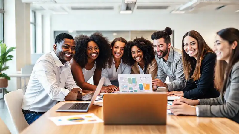 Equipo diverso colaborando en un entorno moderno