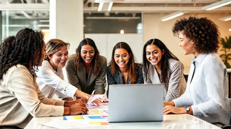Equipo diverso colaborando con éxito en oficina moderna