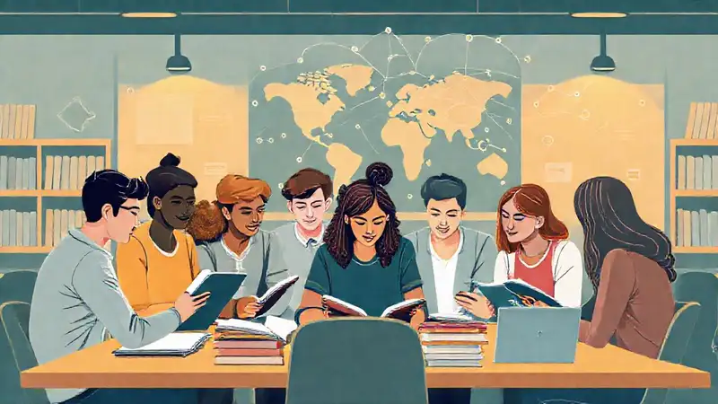 Estudiantes diversos colaborando en conferencia académica