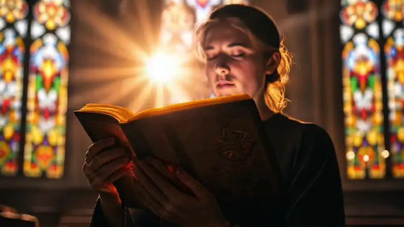 Persona leyendo libro sagrado en luz celestial