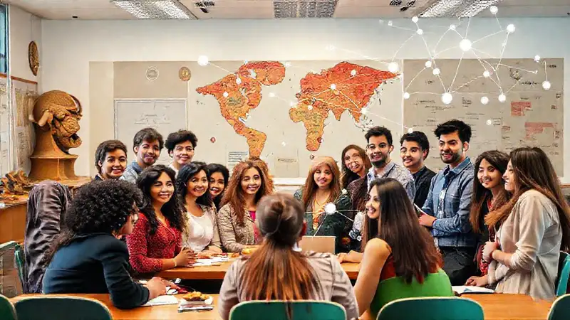 Profesor con estudiantes en aula moderna colaborativa