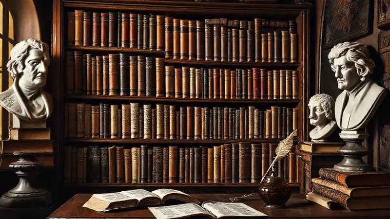 Estantería vintage con libros y bustos clásicos