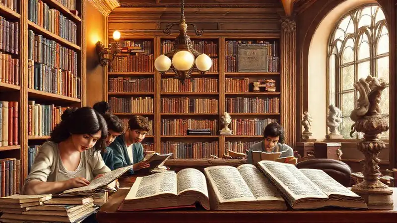 Biblioteca clásica con estudiantes y ambiente acogedor