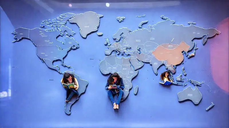 Mapa mundial con libros y estudiantes diversos
