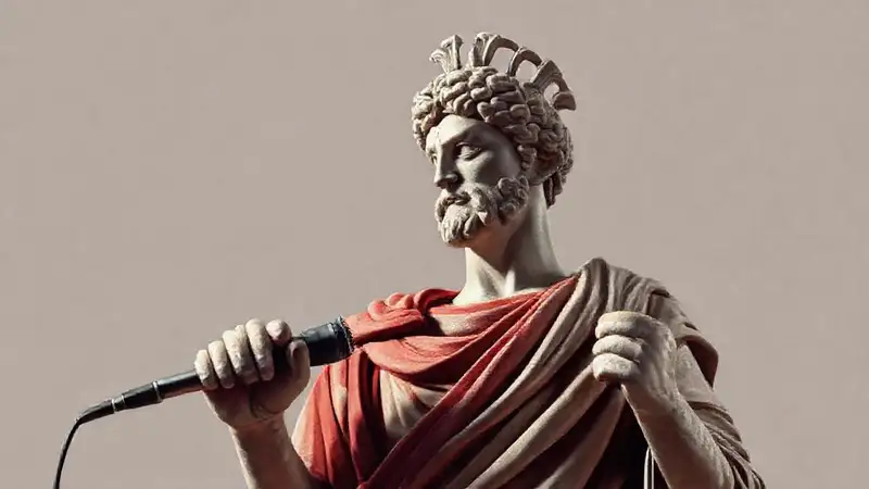 Estatua romana con micrófono moderno fusionada