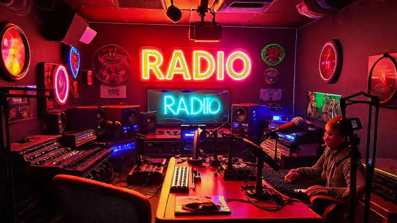 Estudio de radio vibrante y colorido