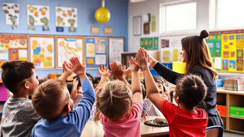 Maestro motiva a niños en un aula alegre