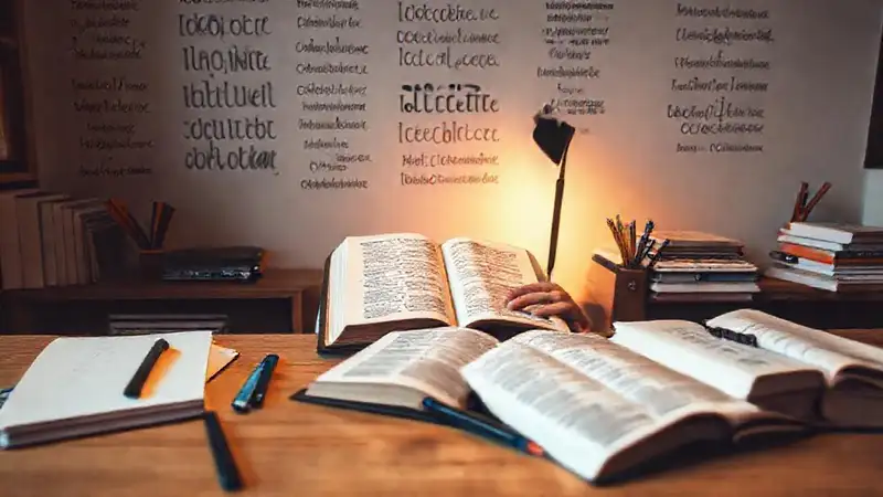 Mesa de estudio con Biblia y libros inspiradores